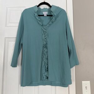 Soft Surroundings Acqua Blue 3D Floral Trim Button Blouse Long Sleeve Top Size2X